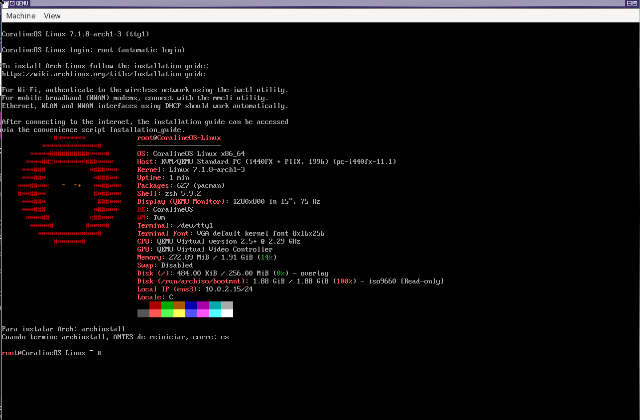 Terminal de CoralineOS Linux recién iniciada, mostrando fetch del sistema en rojo y negro